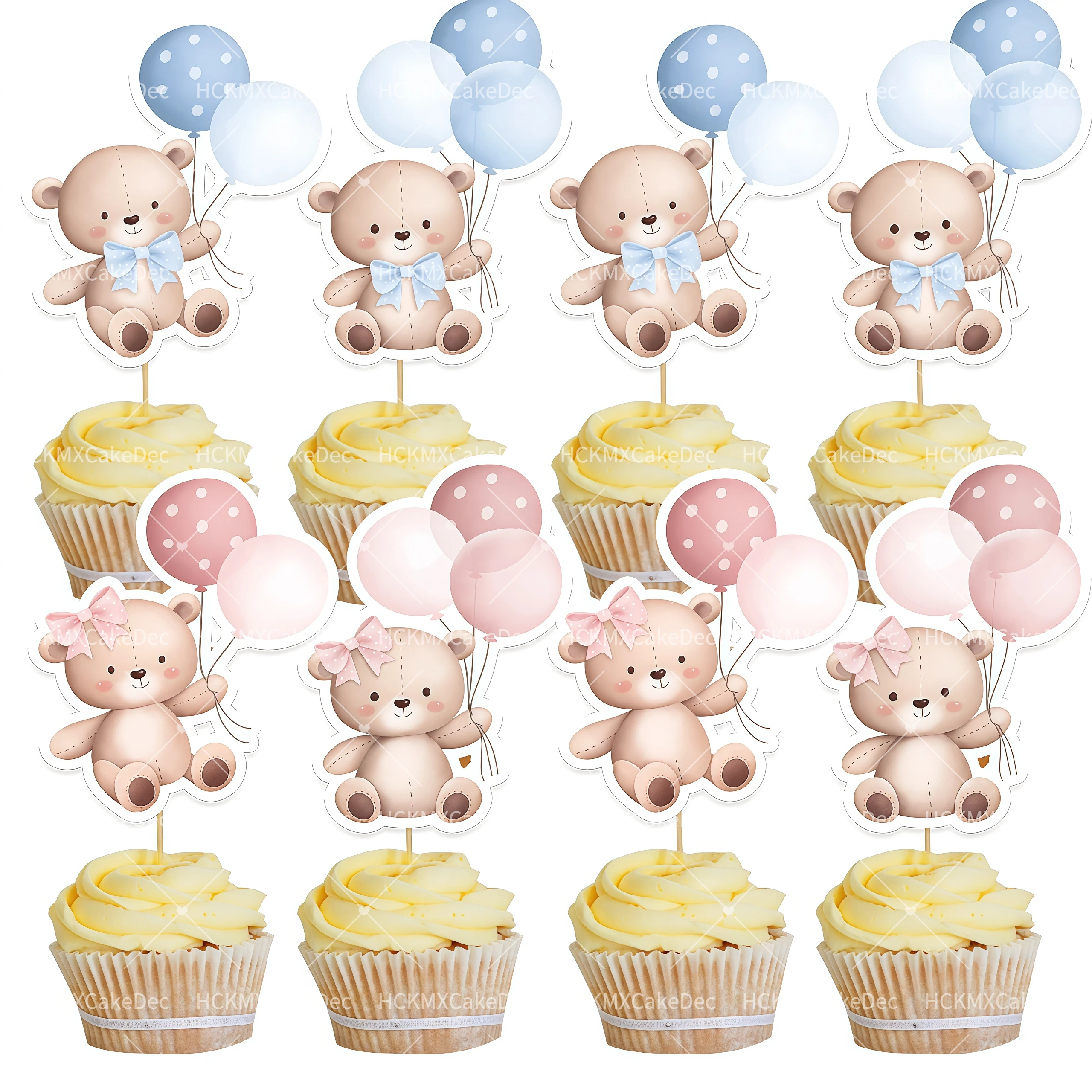 12er/24er-Set Teddybär-Cupcake-Topper, blau-rosa Ballonbär-Kuchenaufsätze für Babyparty, Geschlechtsoffenbarung, Geburtstagsfeier-Dekoration – Detail 7