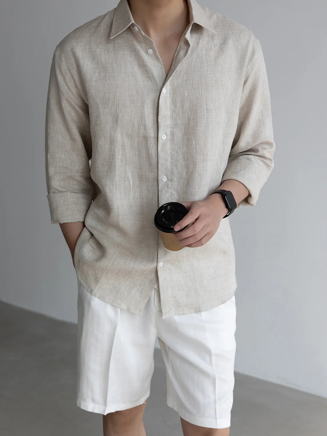  Linen Long Sleeve Shirt for Men Casual Travel Business Breathable Loose Fit Standard Edition Button up Pure Color