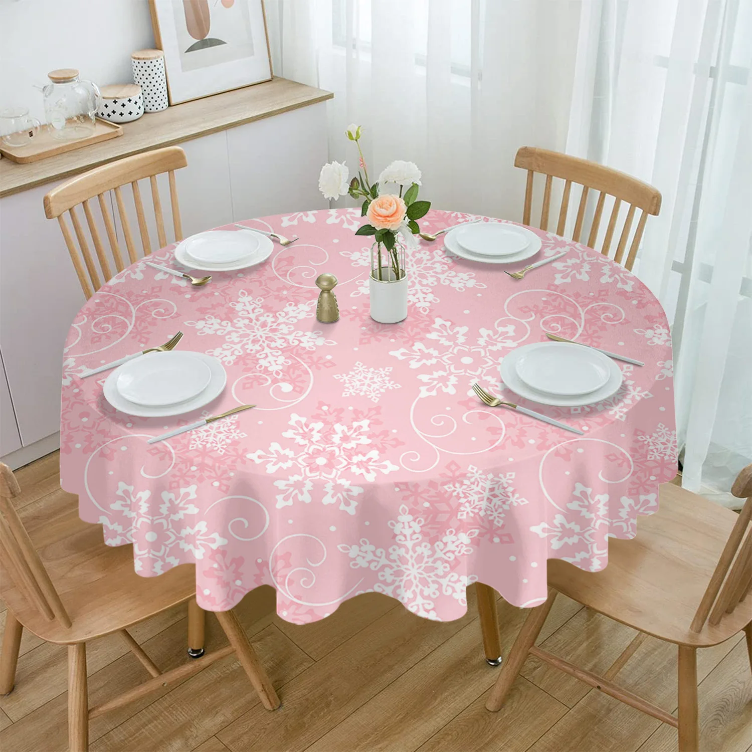 Christmas Snowflake Texture Pink Round Tablecloth Waterproof Table Cover Home Kitchen Table Cloth Dining Table Decoration