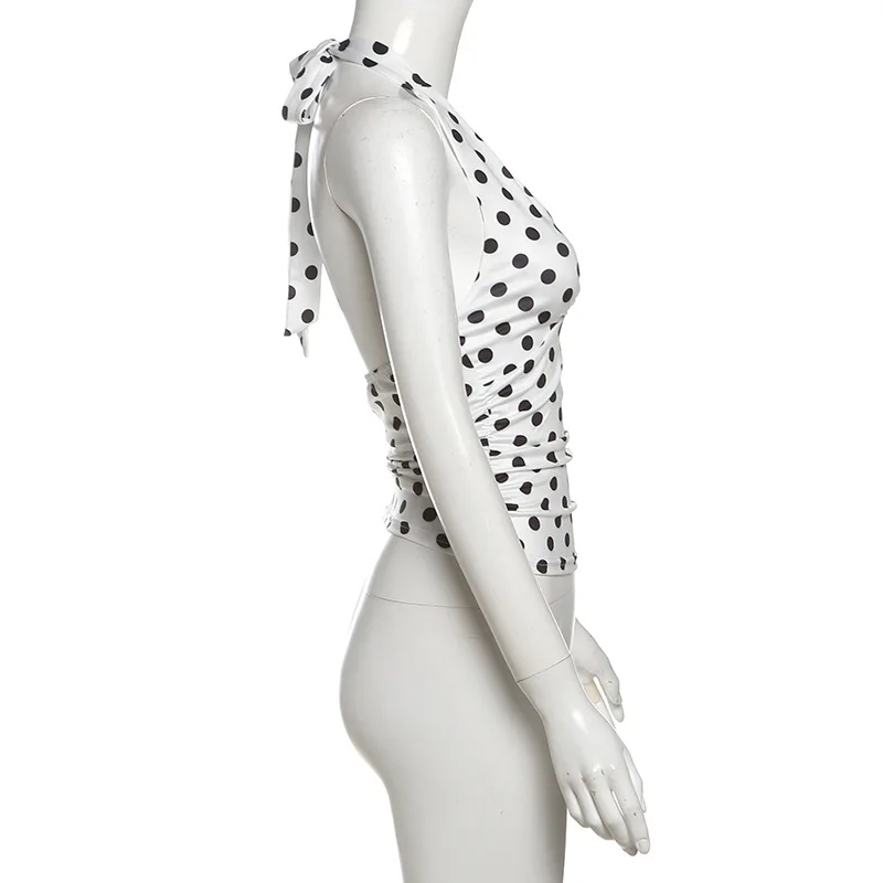 Damen-Top mit V-Ausschnitt, offenem Rücken, Schnürung, Polka-Dot-Muster, figurbetont, Tank-Top-Stil, Y2K-Sommermode, Alltags-Streetwear, Basic-Oberteil. – Detail 20