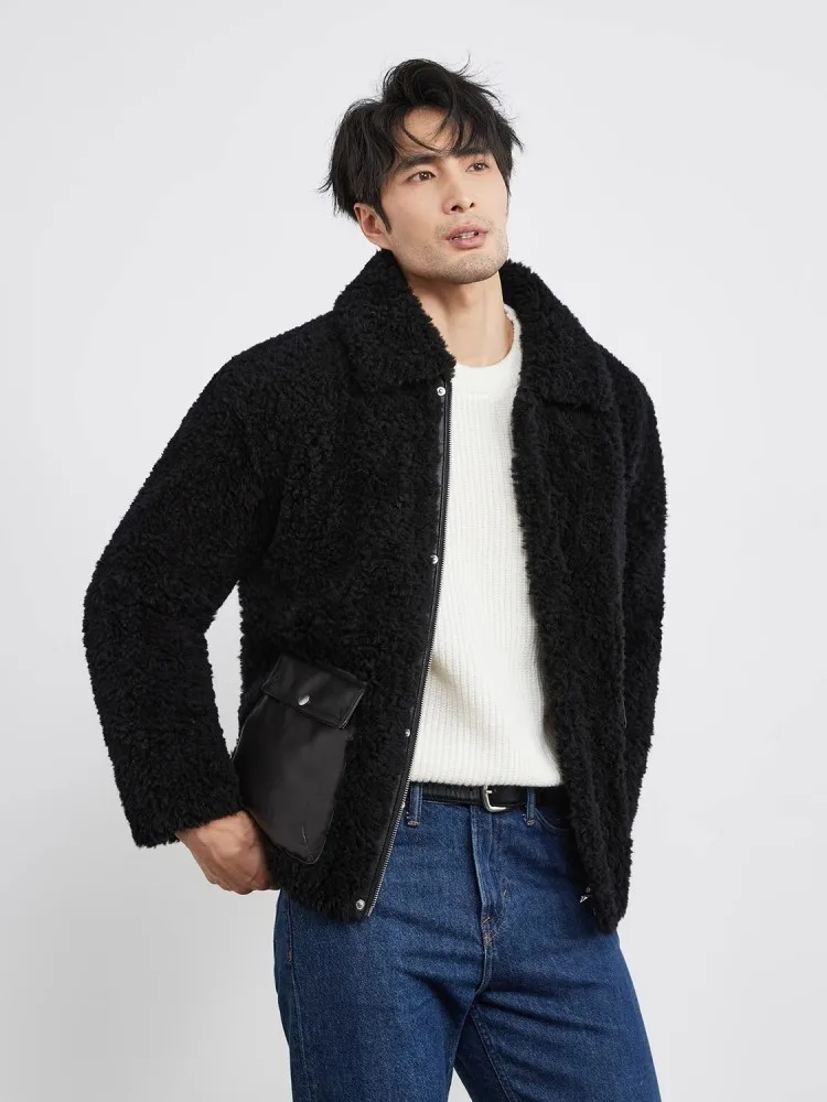 Winter Men Warm Real Sheep Fur Jacket Spliced Pocket Slim Fit Business Casual Work Coat Lapel Collar Natural Wool Outwear Jacket