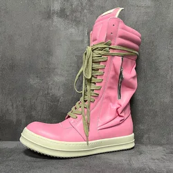 Men Women High Top Boots Casual Platform Sneakers Leather Luxury Trainers Lace Up Zip Autumn Black Pink Shoes