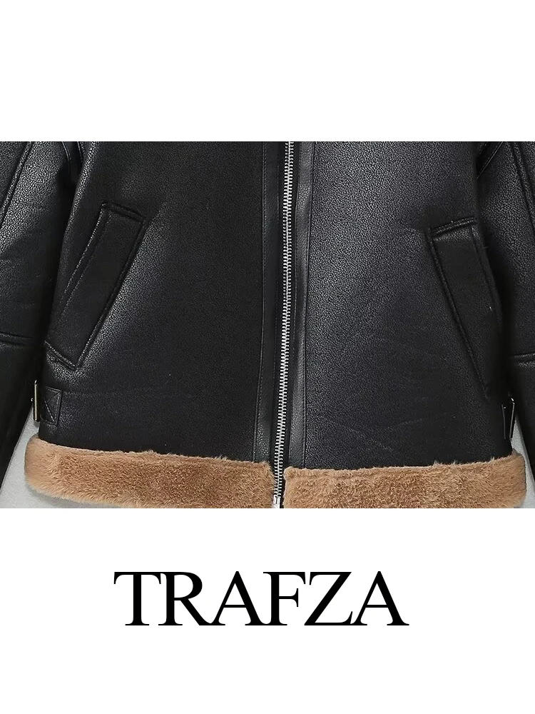 TRAFZA Women\'s Winter Fashion Versatile Reversible Short Leather Coat Female Long Sleeve High Street Pocket Zipper Warm Jacket