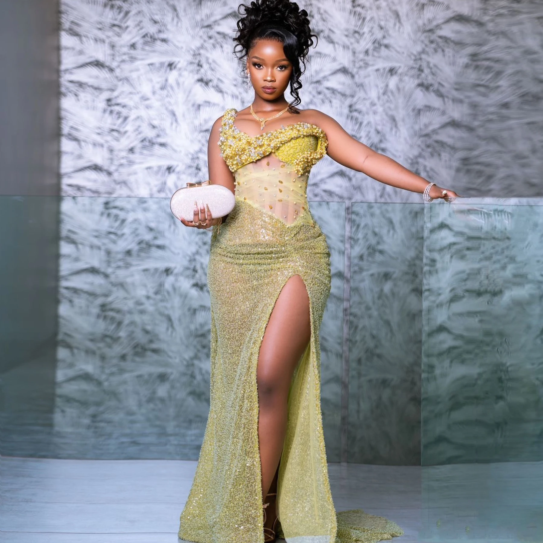 

Black Girls Formal Evening Gown, Pretty Yellow Beaded Sequins Prom Dresses One Shoulder Slit, Celebrity Party Dress, Custom Made