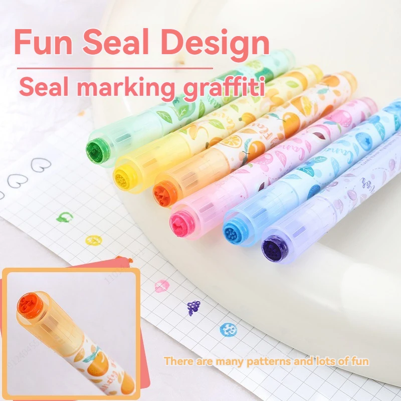 6Colors Fun Stamp Seal Highlighter Set Fragrance Chisel Tip Marker Pen Macaron Pastel Assorted Colors for Cute Kawaii Stationery