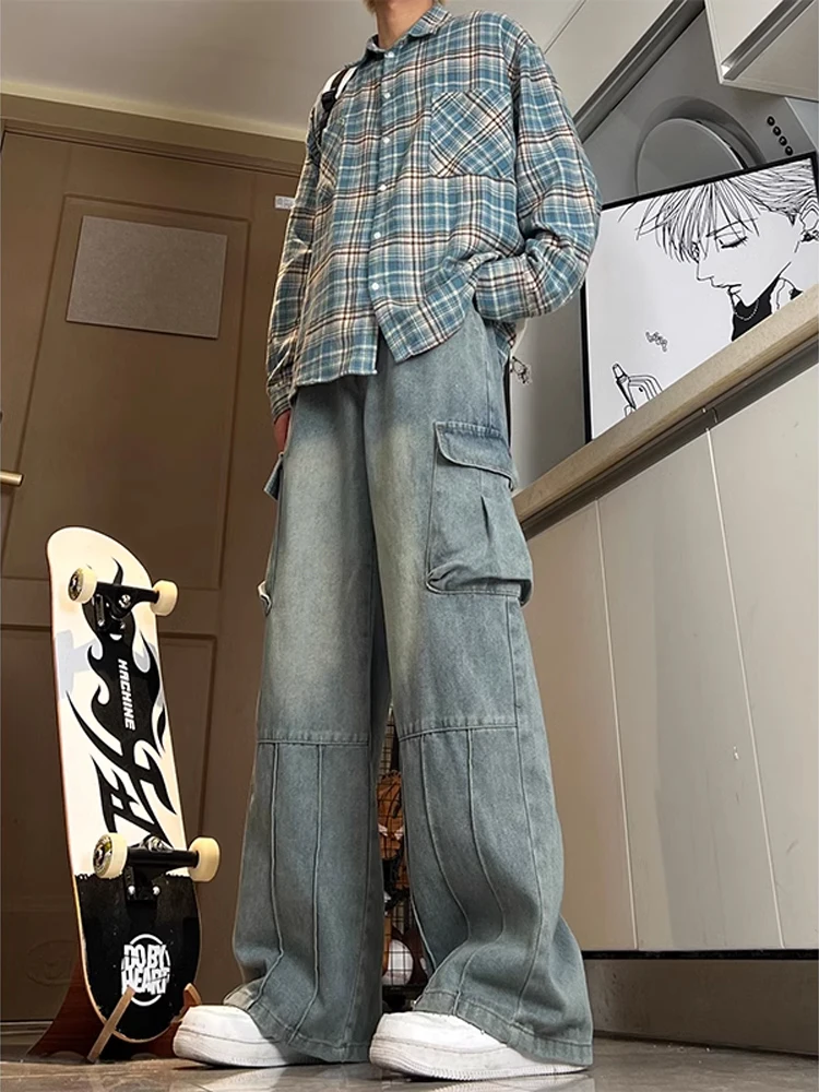 

Retro American Hiphop Blue Workwear Jeans Men's Trendy Loose Straight Leg Pants Cool Street Sle Wide Leg Pants