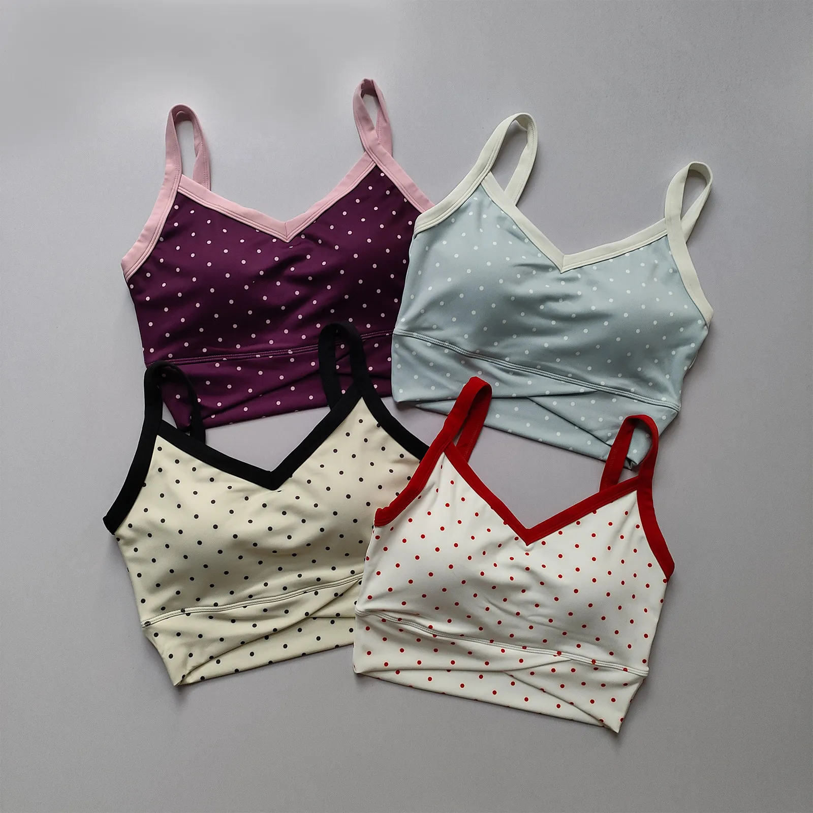 Women's Polka-dot Contrasting Color Yoga Camisole Shockproof Sports Bra with All-in-one Cup for Pilates Fitness Running Outer We