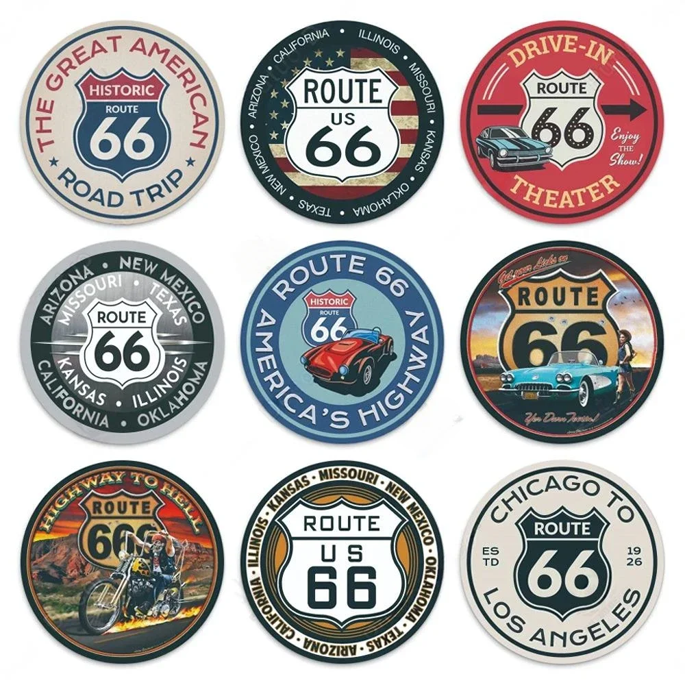 Route 66 Vintage Posters Decor Round Metal Signs Tin Plaque Nostalgic Wall Art Room Decoration for Home Bar Culb