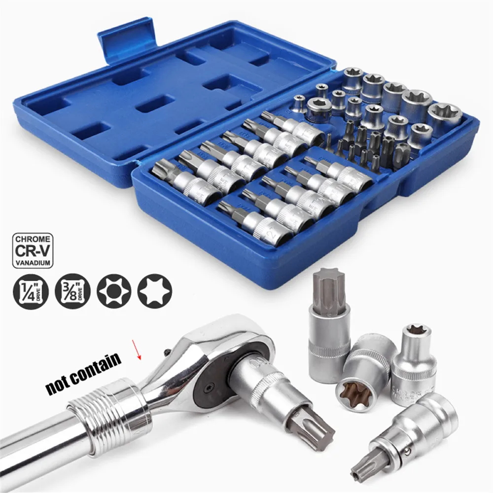 

34pcs Torx Bit Socket and E-Torx Star Socket Set 1/4" 3/8" 1/2" Drive Male Female E-torx Security Bits Handheld Tool