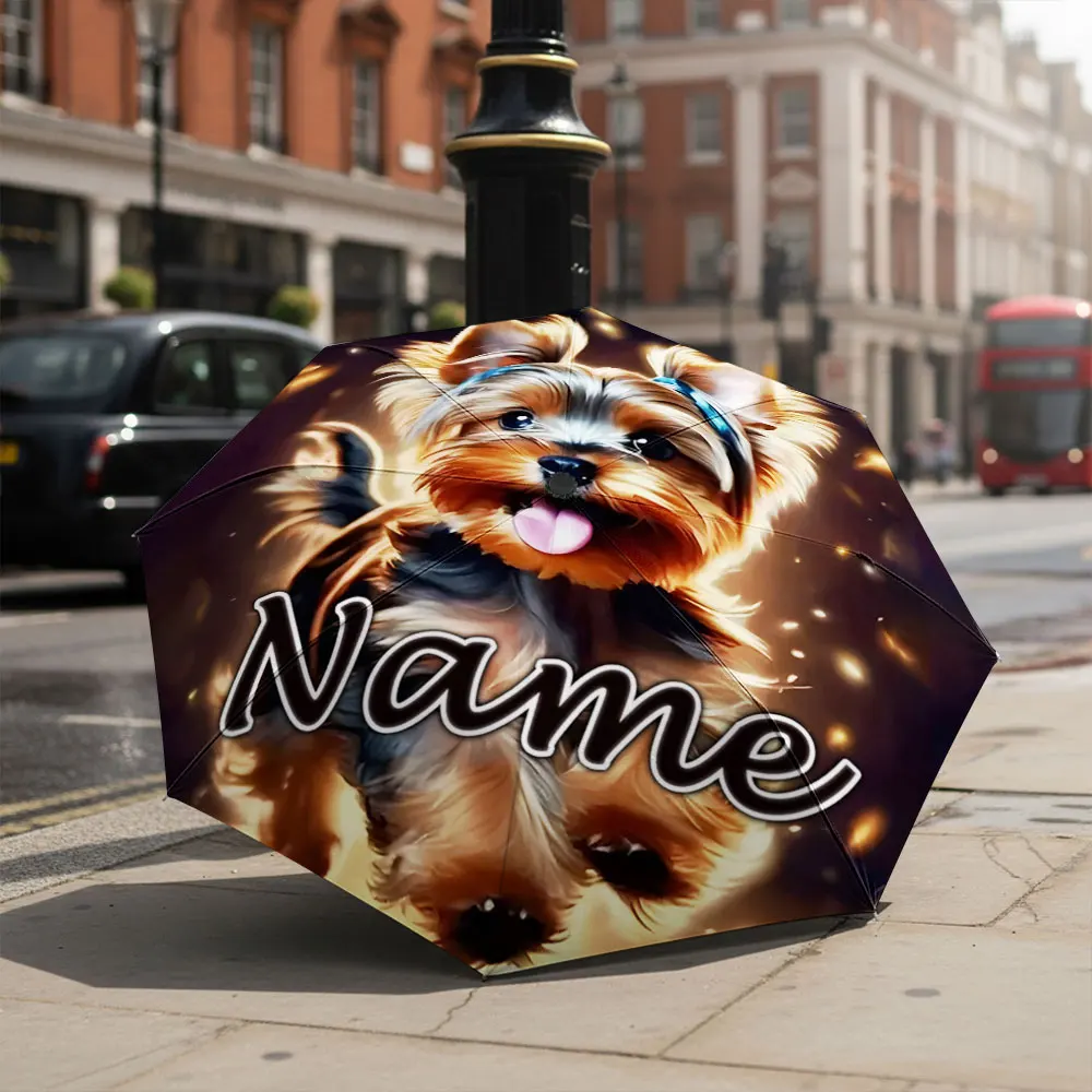 Custom Name Umbrella Yorkshire Terrier Puppy Glowing Sparkle Pet Art Print Folding Umbrella Compact Portable Travel Parasol