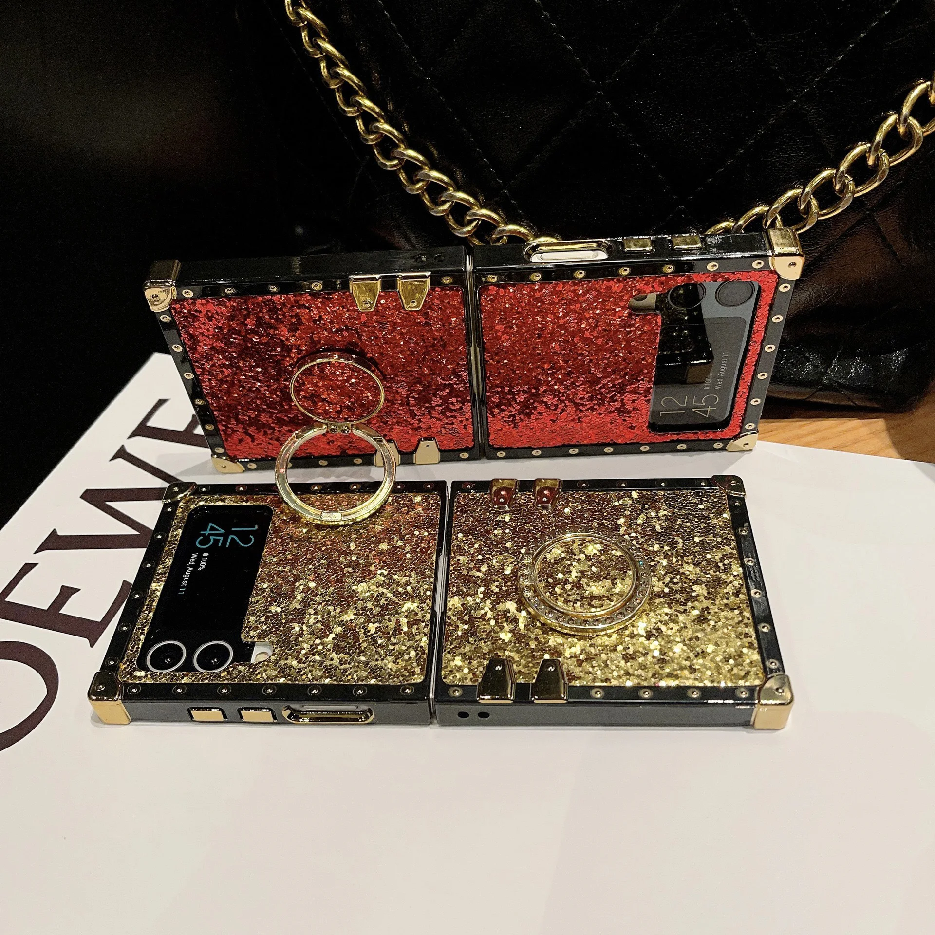 Luxuriöse künstliche Glitzer-Strass-Leder-Handyhülle für Samsung Galaxy Z Flip 8 7 6 5 4 3 Flip7 FE mit glänzendem Halter. – Detail 1