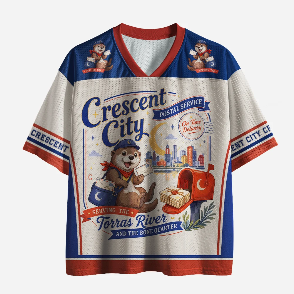 Men Women Retro Otter Postal Service Crescent City V Neck Jersey Short Sleeve Oversized Mesh Shirt Vintage Cartoon Casual