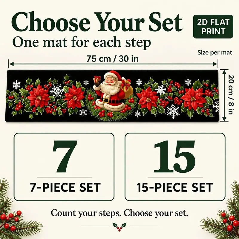 VIKAMA Anti Slip Christmas Stair Treads Black Santa Poinsettia Snowflake Step Mat Washable Rug for Staircase Stairs Home Decor