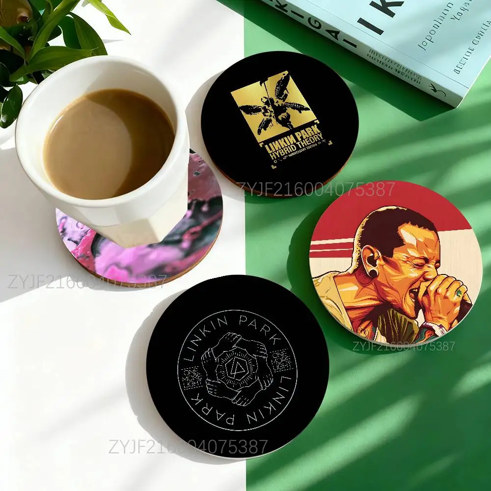 

The Emptiness Machine L-Linkin Park Round Wooden Coasters Resistant Non-slip Drink Cafe Decoration 2D Flat Print Coasters Set