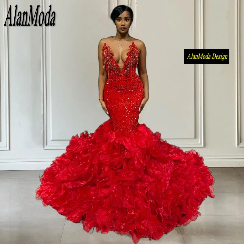 

Luxury Red Prom Dresses For Woman 2024 Seetheart Sequin Mermaid Evening Gowns Rhinestone Tassel Party Dress Ruffles Robe De