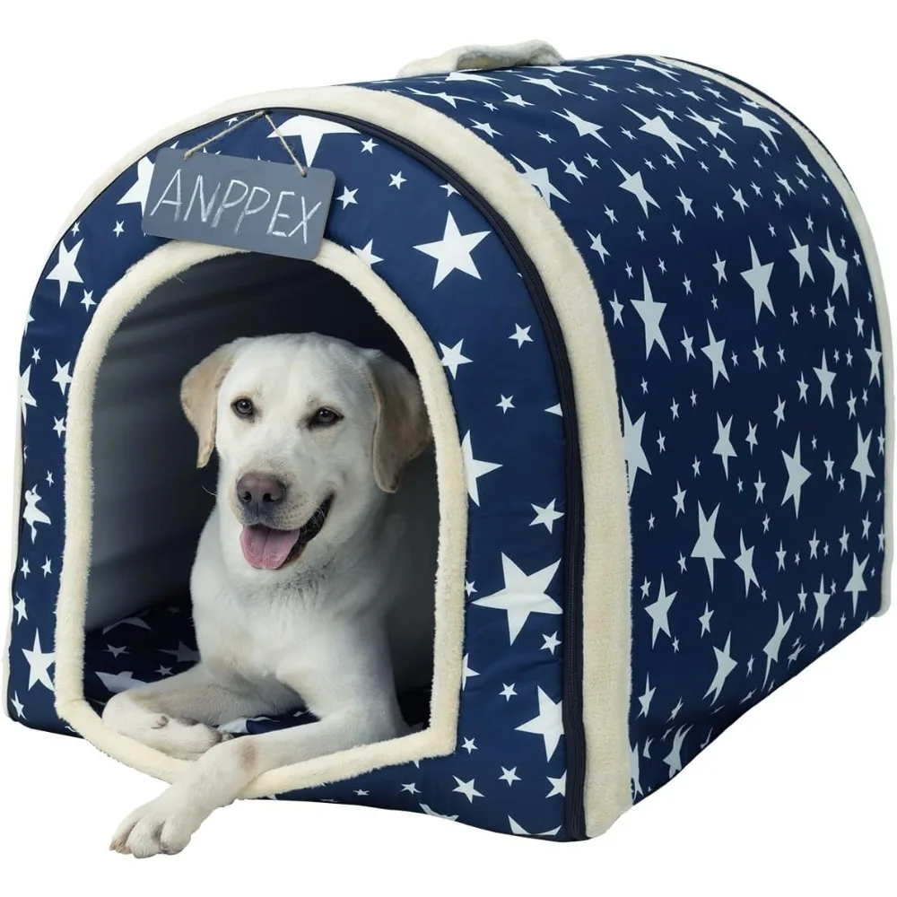 

Washable Covered Dog Bed, 2 in 1 Dog House, Insulated Cozy Dog Cave, Large Dogs, 2XL Size, Blue Houses, Kennels