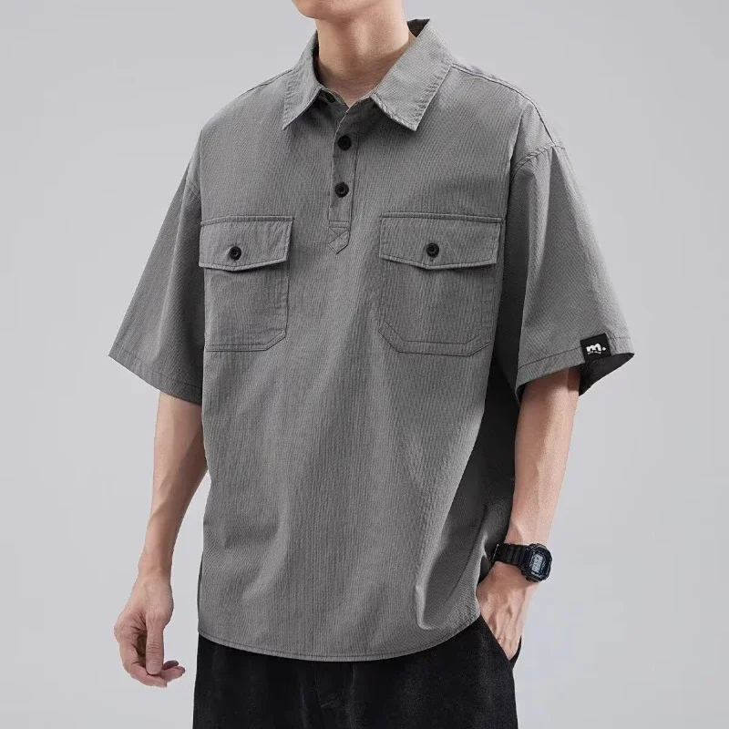 New Summer Mens Cargo Polo Shirts Y2K Vintage Pocket Polos Casual Short Sleeve Golf Wear 2024 Streetwear Fashion Tee Tops