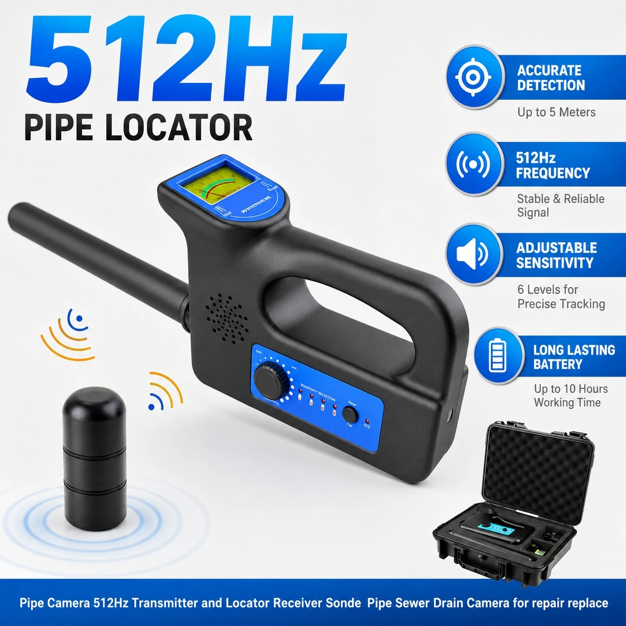 512Hz Pipe Locator Set Transmitter Receiver Sonde Drain Sewer Detector Adjustable Sensitivity Far/Near Mode 3000mAh Battery