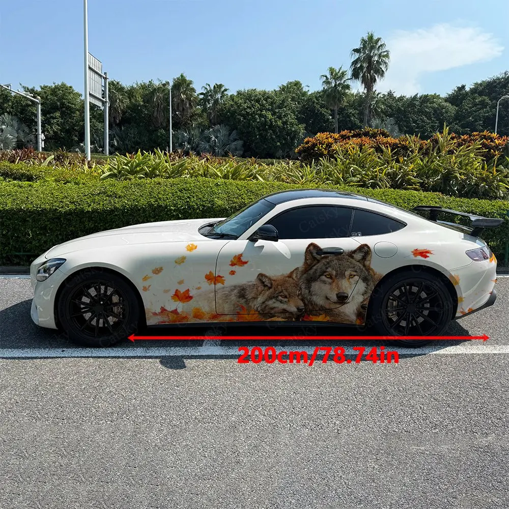2pcs Wolf Pack with Falling Maple Leaves Car Side Wraps, Self-Adhesive PVC Waterproof & Scratch-Resistant Sticker, Car Accessory