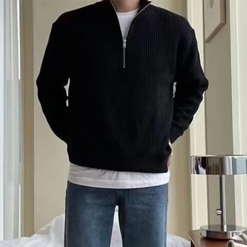 Fall Winter Knitted Long Sleeve Shirt Mens Trendy Solid Color Stand Collar Knit Pullover Daily Casual Knitting Polo-shirts Men