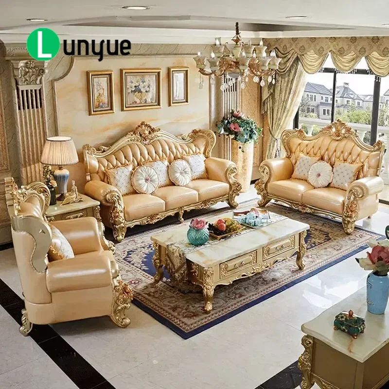 European Modern Style Leather Carved Sofa Set U Shaped Design For Living Room Furniture Comfortable Durable Home Decor