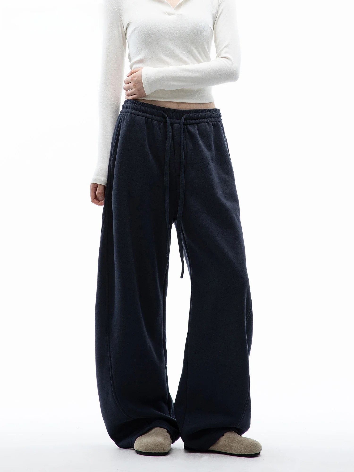 Black Fleece Lined Casual Pants Women's Sporty Wide Leg Trousers Autumn New Style Comfortable Cotton Blend Breathable Fashion