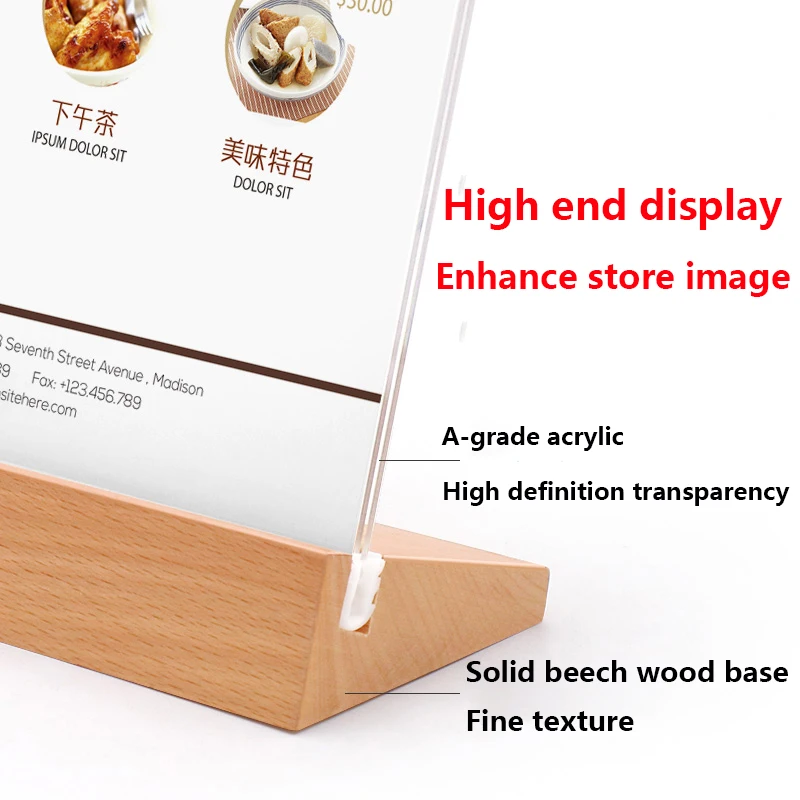 Acrylic Transparent Display Holders A4A5A6 Beechwood Double Side Picture Frame Table Top Photo Frame Menu Table Cards Restaurant