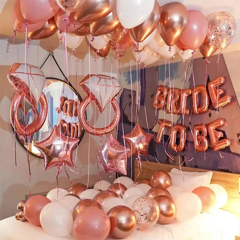 70 stücke Braut Luftballons gesetzt Roségold Hochzeit Dekorationen Brief und Diamantring Folie Balon Konfetti Globos Party liefert