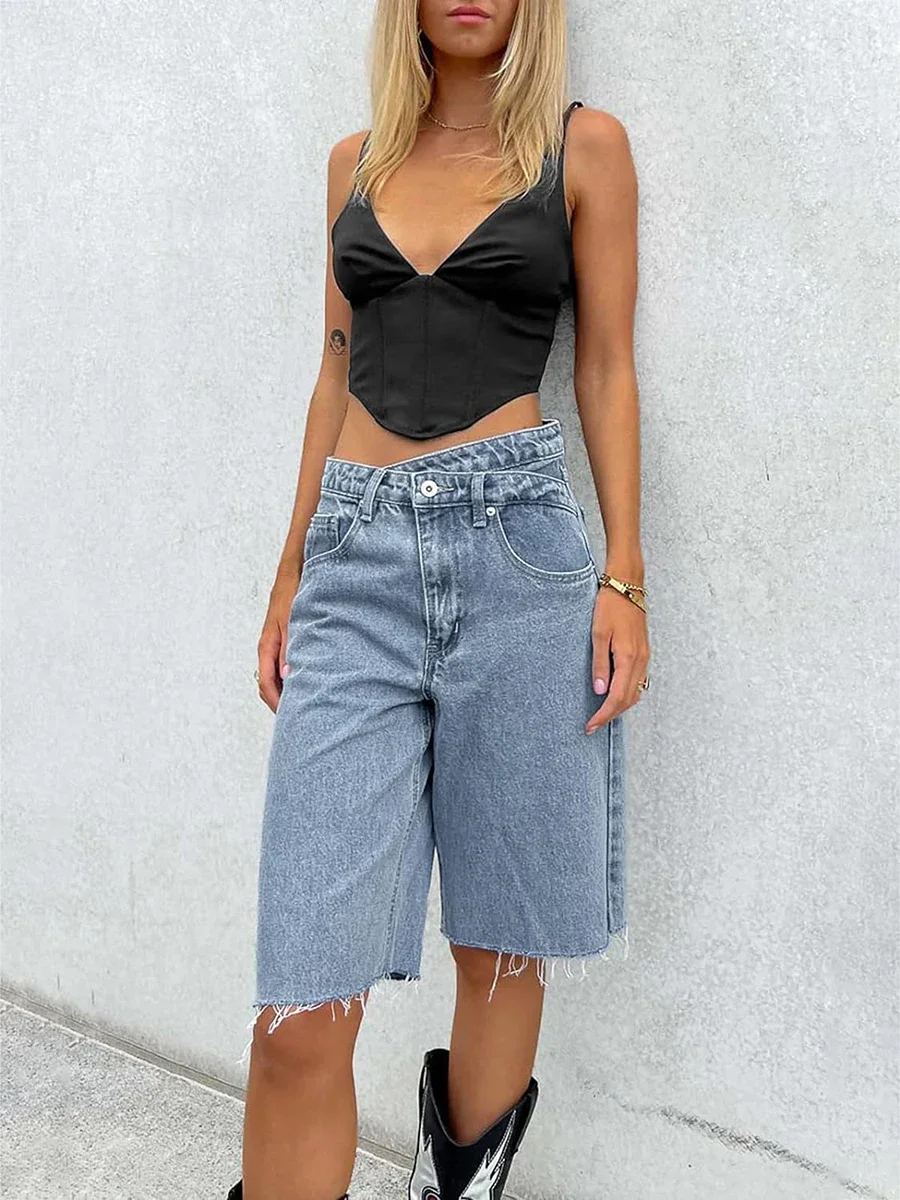 Women s Crossover Denim Shorts Casual High Waist Straight Leg Knee Length Asymmetrical Shorts with Pockets for Summer