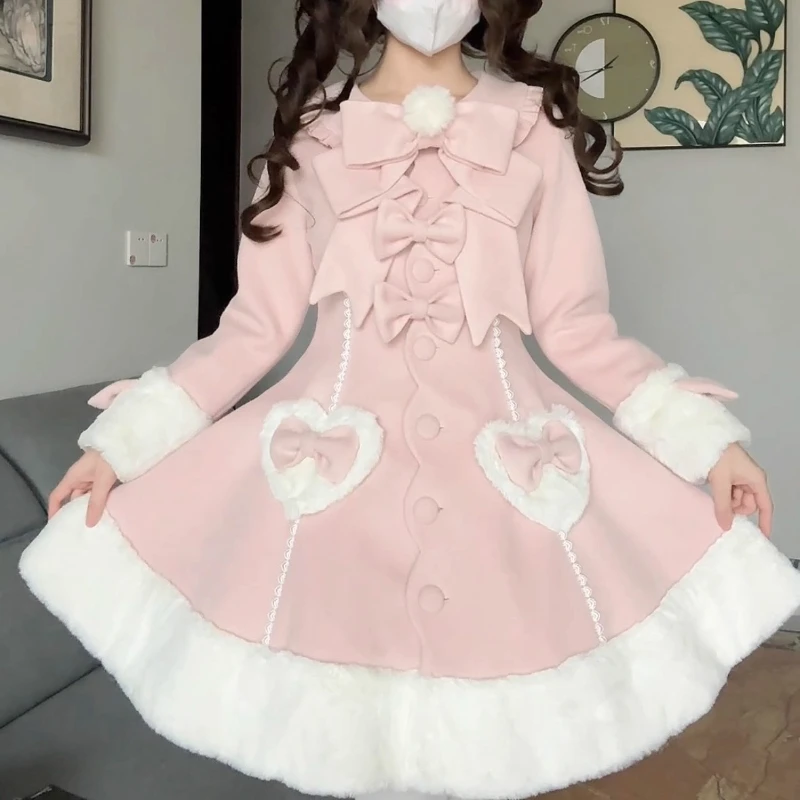 Original Sweet Lolita Pink Wool Coat Winter New Women's Sweet Cute Bow Slim Fit Elegant Long Jacket Overcoat Detachable Cape