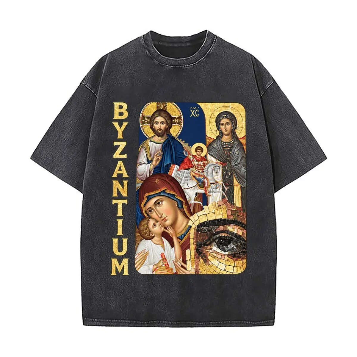 Byzantium Orthodox Christian Christ Virgin Mary Child Historical Religious Art Washed Vintage Short Sleeve Loose Streetwear Tee