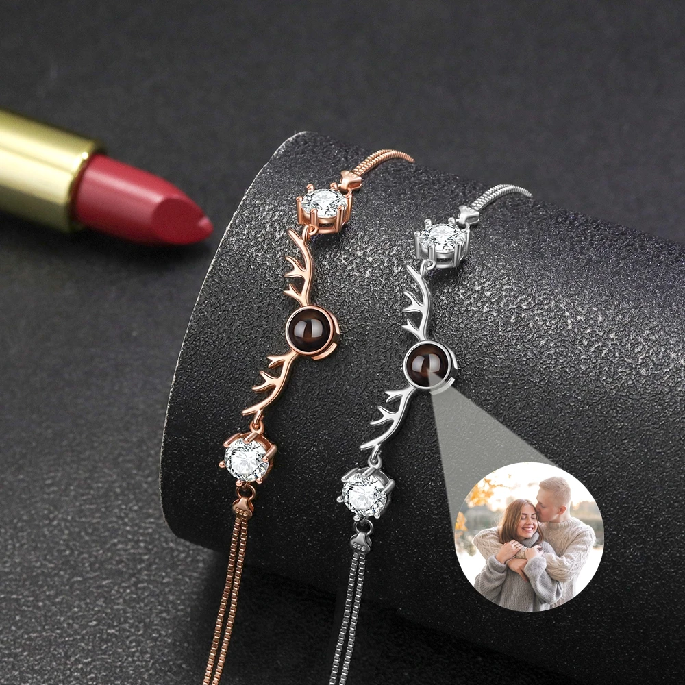 Customized Photo Bracelet for Women Projected Photo Bracelets Antler Animal Pendants Anniversary Personalized Gifts 925 Silver