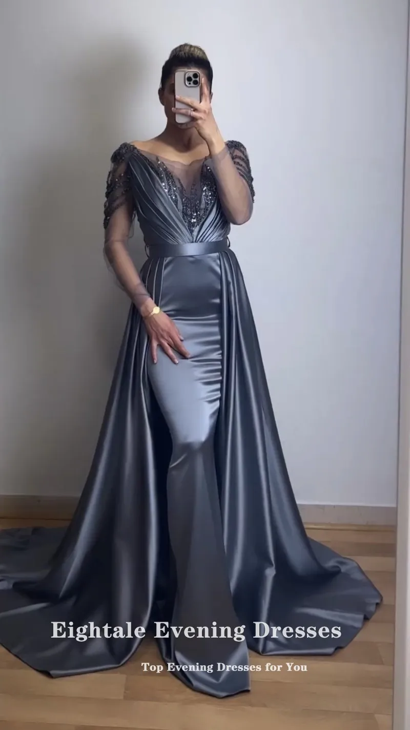 Eightale Gray Prom Dresses for Wedding Satin Beaded Long Sleeves Arabic Evening Gown Dubai Mermaid Party Dress robes de soirée