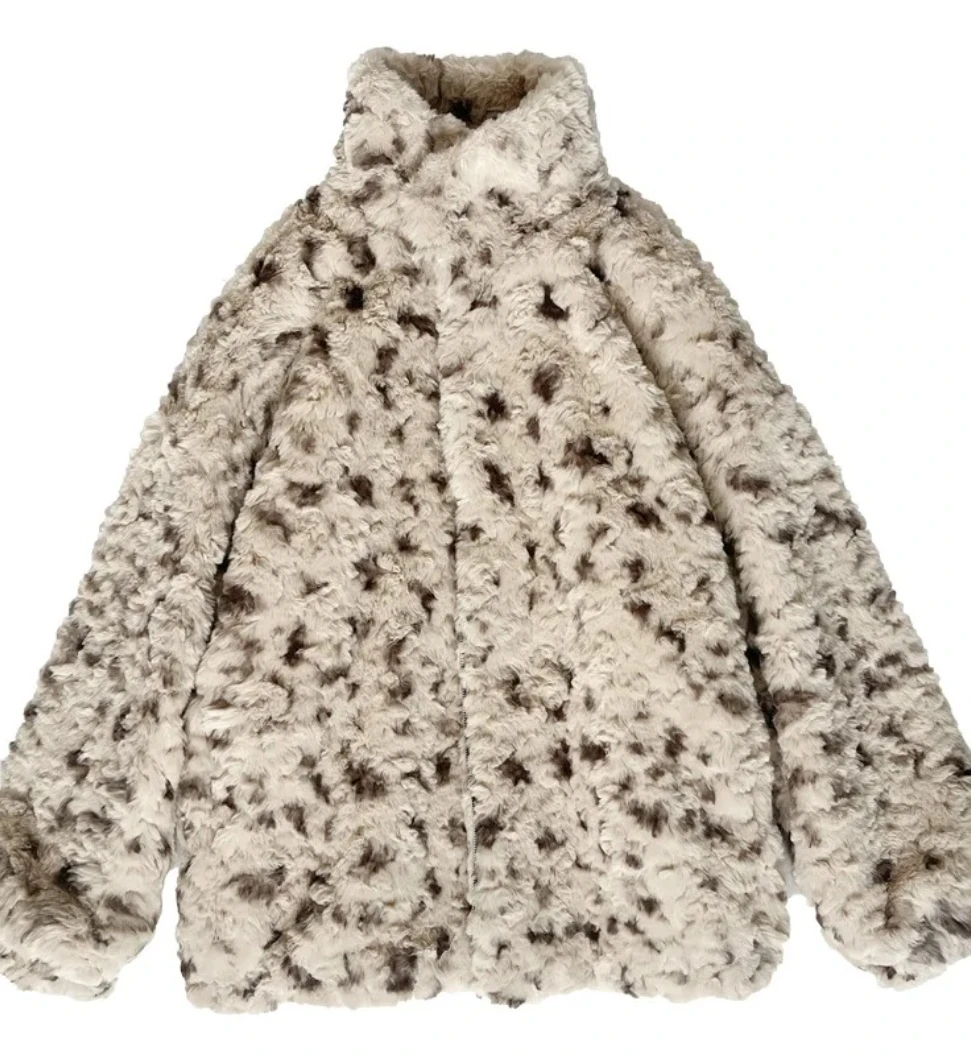 Leopard Print Faux Fur Jacket for Women Thick Turn-Down Collar Coat Streetwear Zipper Outerwear Autumn Winter Warm