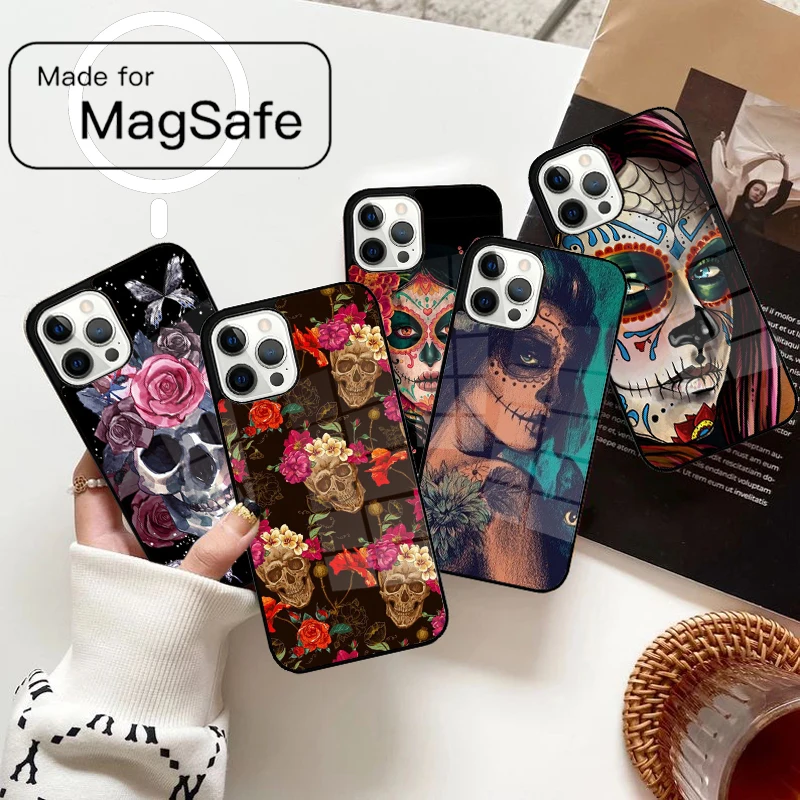 Catrina Beautiful Rose Girl Skull soft Magnetic Phone Case For iPhone 17 Air 16e 12 13 14 15 Pro Max Magsafe Wireless Cover