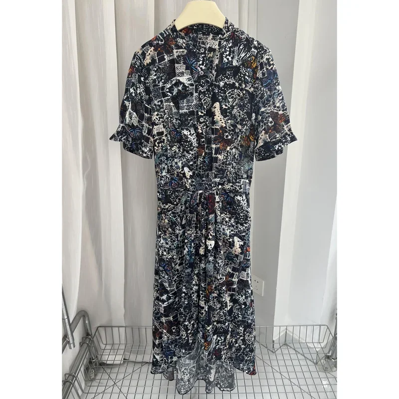 

Retro Printed Women's Midi Dress Early Spring 2025 Single Breasted O-Neck Short Sleeve Elegant Ladies Robe