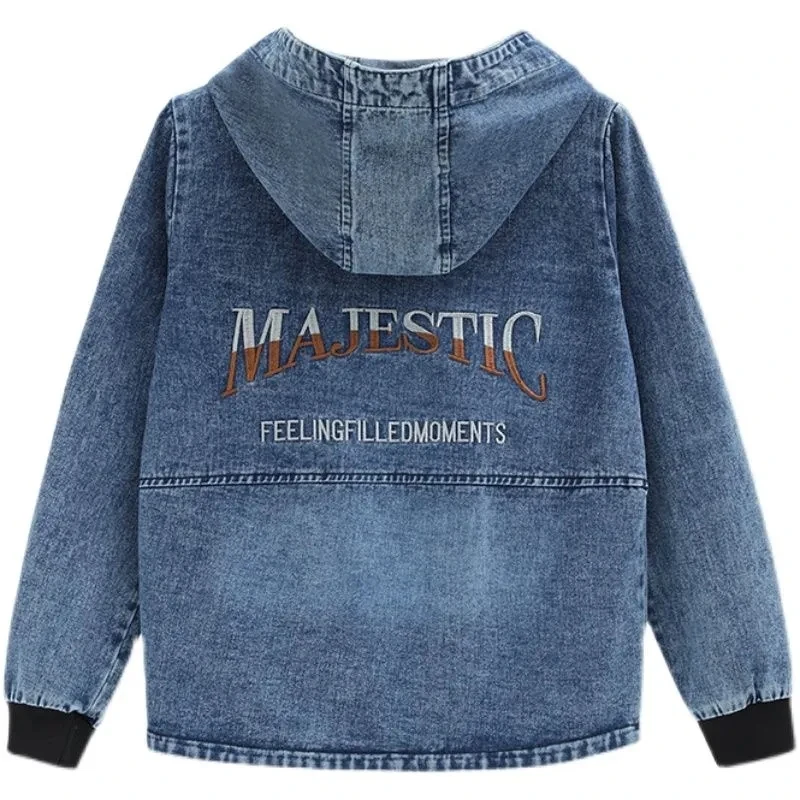 Jaqueta jeans feminina primavera 2023 nova moda all-match solto jeans casaco feminino primavera outono bordado tamanho grande com capuz outwear