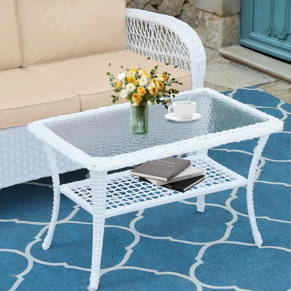 Wicker Patio Coffee Table, 34.5 Rectangle Outdoor Coffee Table with Tempered Glass Top and 2-Tier Storage Shelf