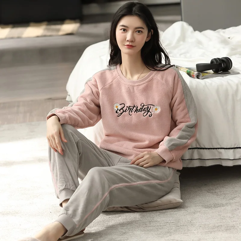 Winter Women Flannel Pajamas Set Female Thick Warm Casual Home Clothing