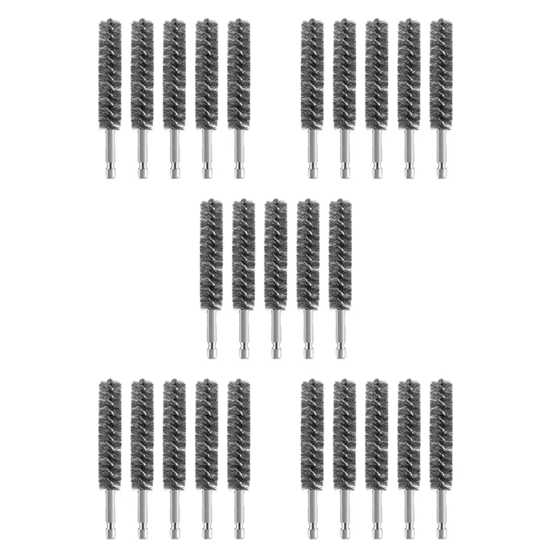 Aço inoxidável Bore Wire Brush, Power Broca Escova De Limpeza, Hex Shank Handle, 25 Pcs