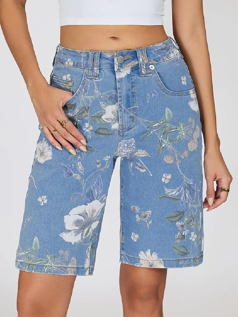 Shorts de Mezclilla Rectos hasta la Rodilla para Mujer, Estampado Floral, Bermudas a la Moda, Versátiles, de Cintura Alta, para Vacaciones y Playa
