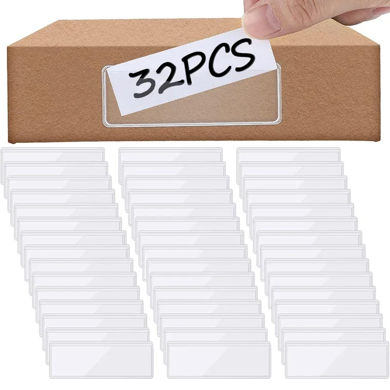 32/4Pcs Self Adhesive Label Holders Shelf Tag Index Card Pockets Plastic Peel Stick Tag for Bookshelf Library Mailbox Office