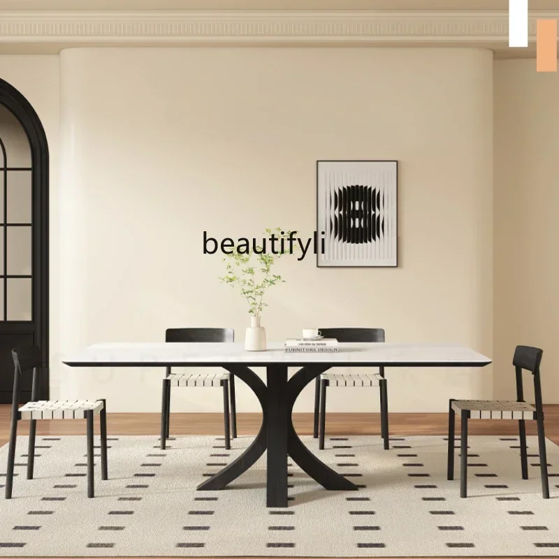

Stone Plate Solid Wood Dining Table French Retro Rectangular Home Modern Minimalist Stone Plate Dining Table