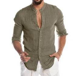 Men's Cuban Guayabera Shirts Linen Casual Single Breasted Long Sleeve Shirt for Men Stand Collar Soild Tops