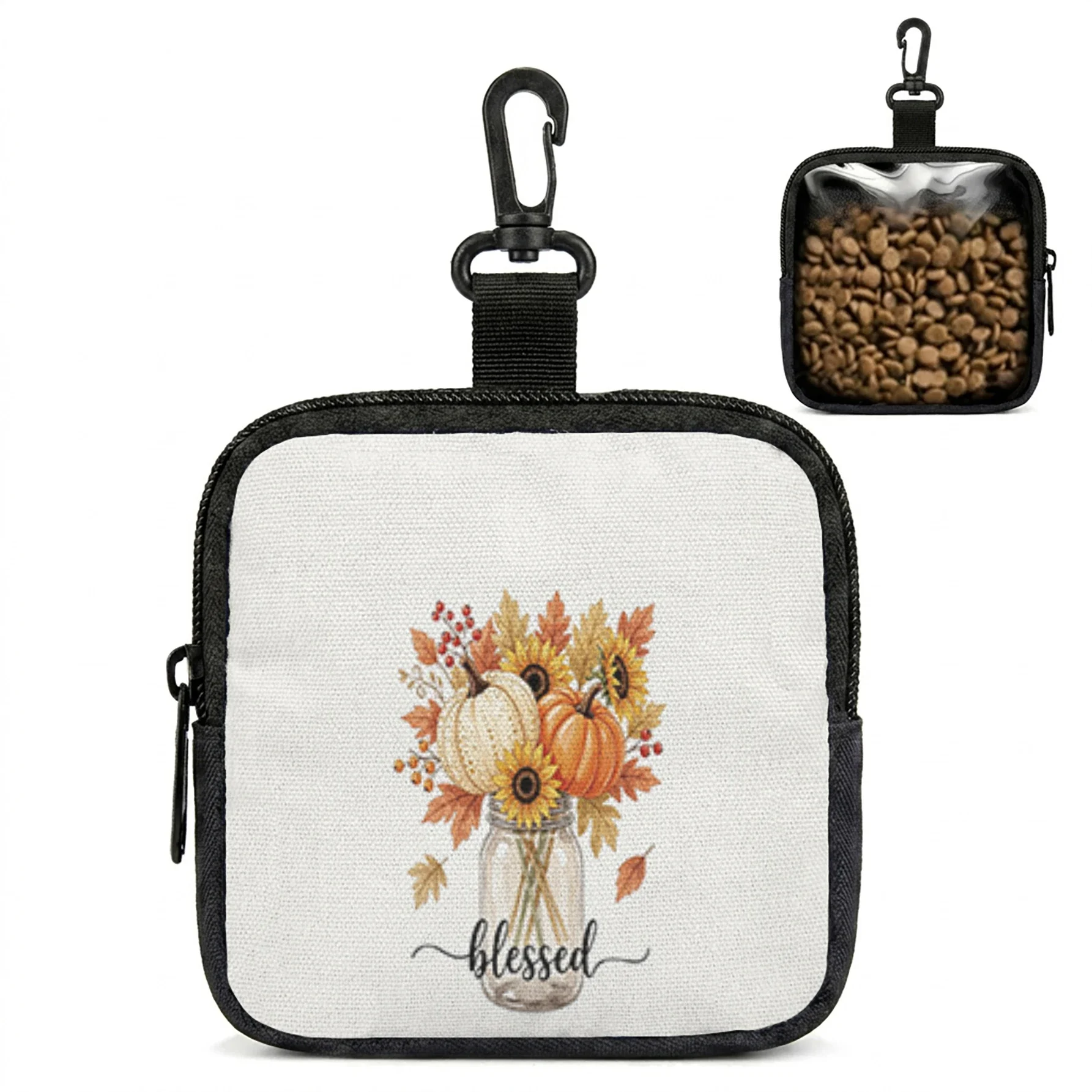 Blessed Autumn Pumpkin Sunflower Jar Print Pet Treat Bag Mini Zipper Pouch With Carabiner, Portable Dog Snack Pouch