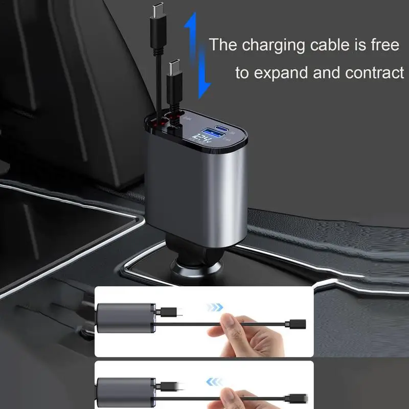 Car Charger 100w 4 IN 1 Fast Charging Car Phone Charger With Retractable Cable USB Type C Port Car Cigarette Lighter Adapter