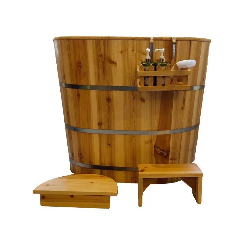 Small bathroom with raised wooden tub bath tub adult tub