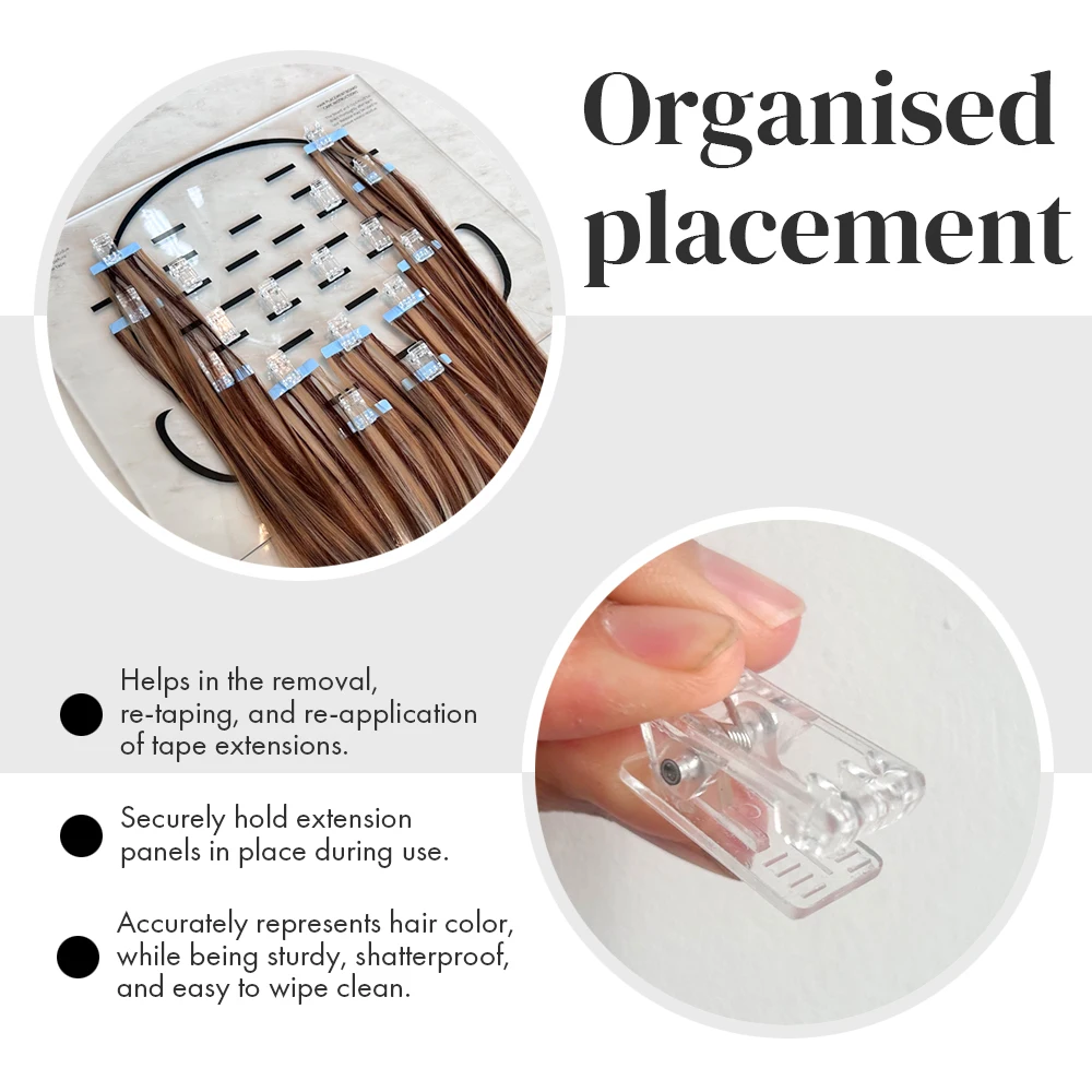 ARLANYテープインプレースメントボード、35クリップ付きヘアセパレートプレート、アクリル透明ヘアエクステンションオーガナイザー、ヘッドチャート付き