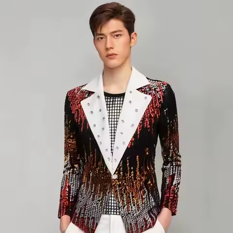 Suit Jacket Men Singer Stage Costume Party Show Tuxedo Coat Men Colorful Gradient Sequins Blazer Fashion Shiny Sequined