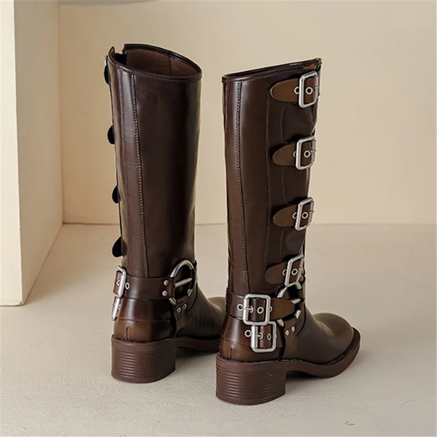 2024 New Women Knee High Boots Buckles Chunky High Heel Western Cowboy Long Botas Mujer Brown Gladiator Rubber Shoes Big Size